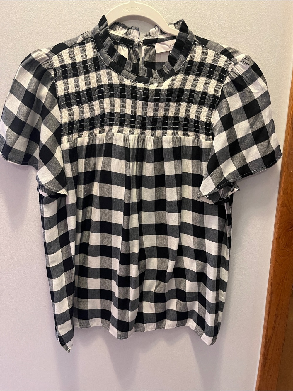 LOFT Black and White Gingham Smocked Puff Sleeve Blouse